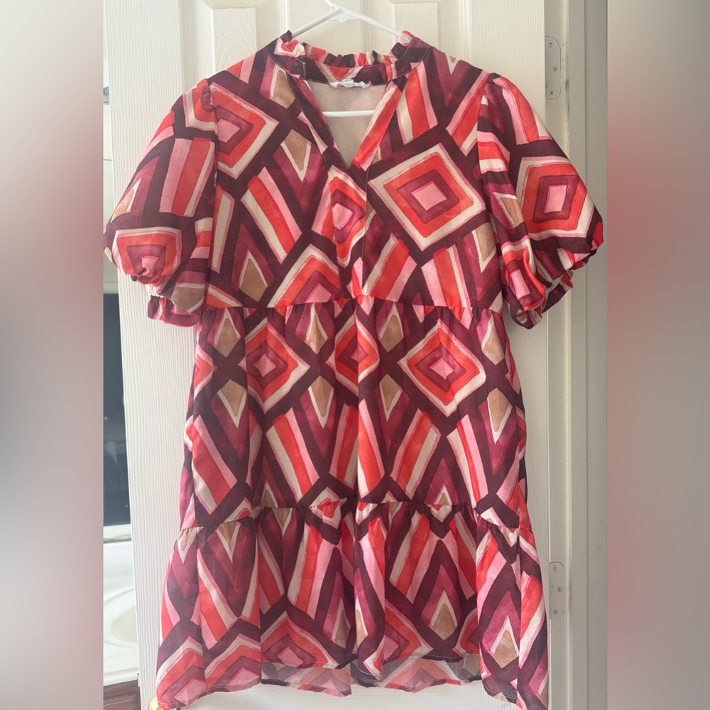 THML Women's Tanya Rust Geo Pattern Puff Sleeve Mini Dress (S)